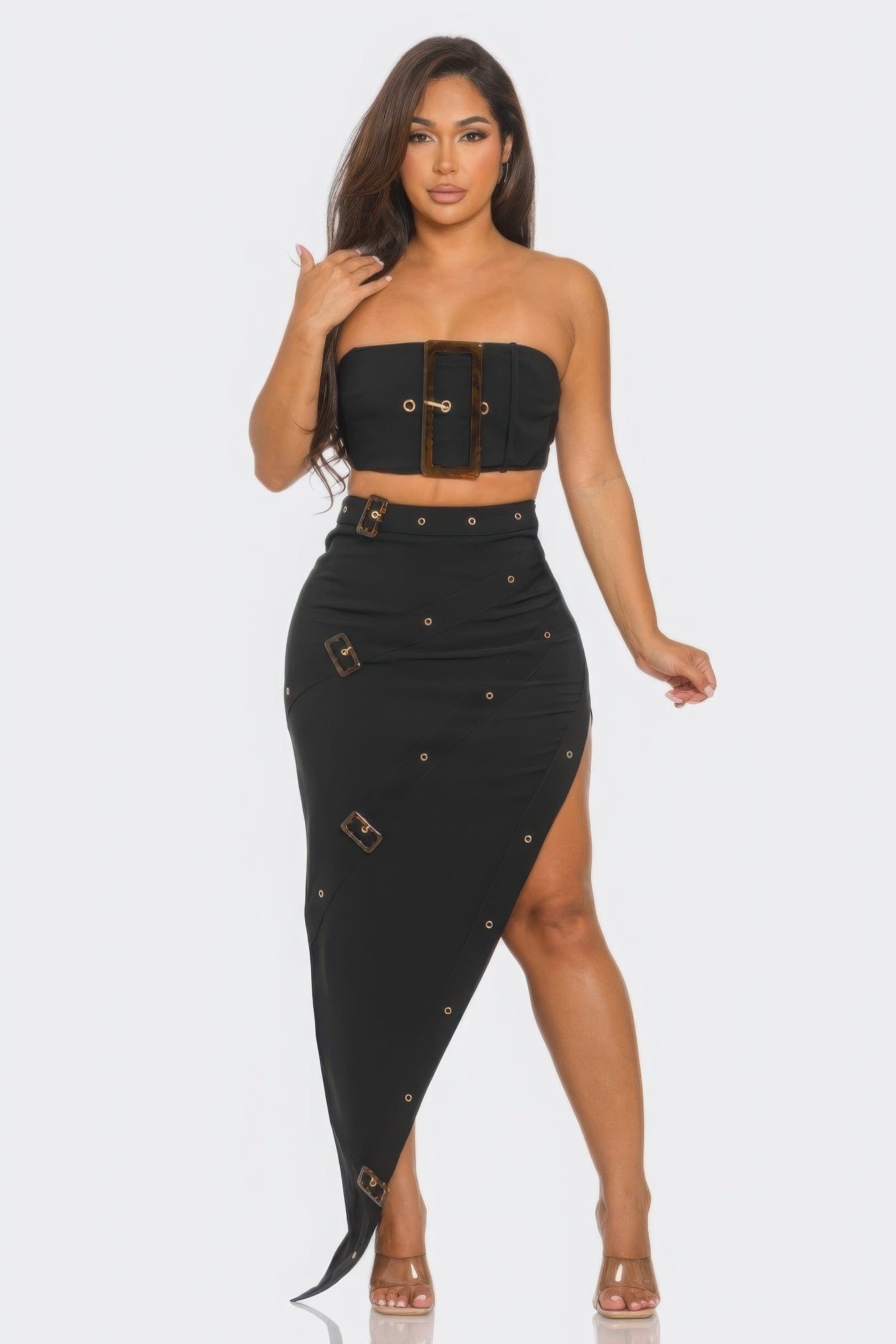 

Комплект из топа и юбки с пряжкой спереди и люверсом FASHNZFAB, черный