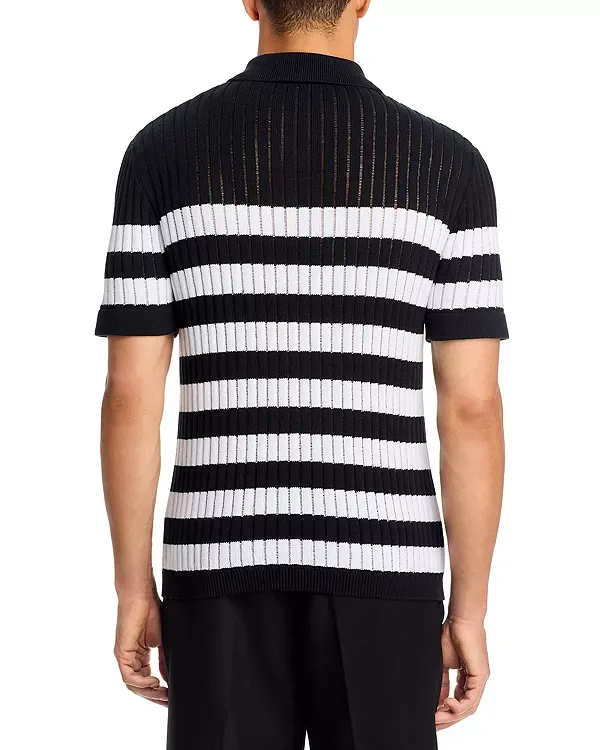 Поло-Свитер Mariniere с коротким рукавом и текстурированной поверхностью Balmain, Black/White — фото 3