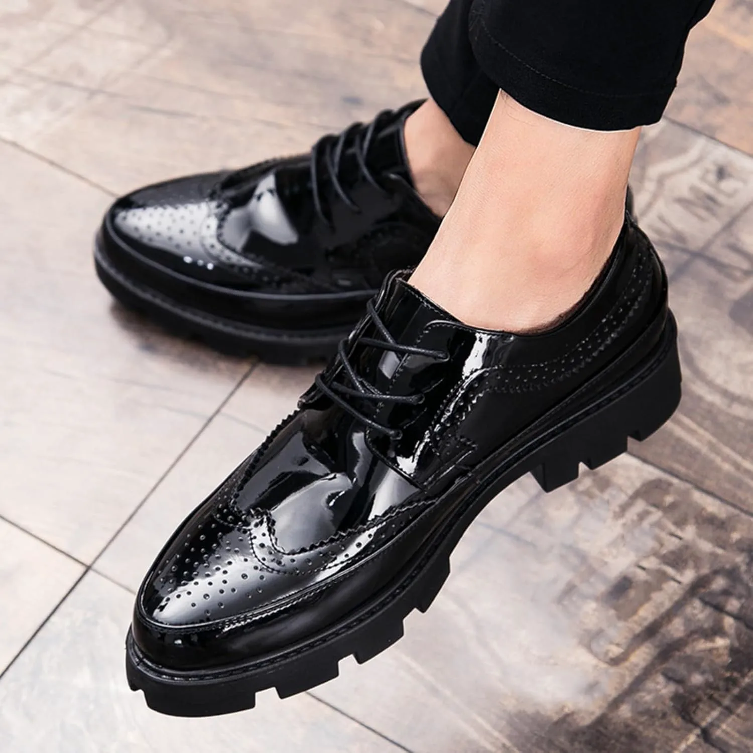 Men's Brogue Wingtip Oxford Shoes - Premium Patent Genuine Leather Chunky Heels with Lug Sole for Business Formal Church Wedding Zentavi, черный — фото 4