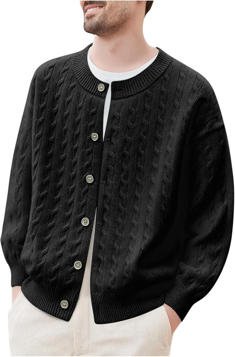 

Мужской кардиган с воротником-стойкой и застежкой на пуговицы, slim fit, кабельная вязка