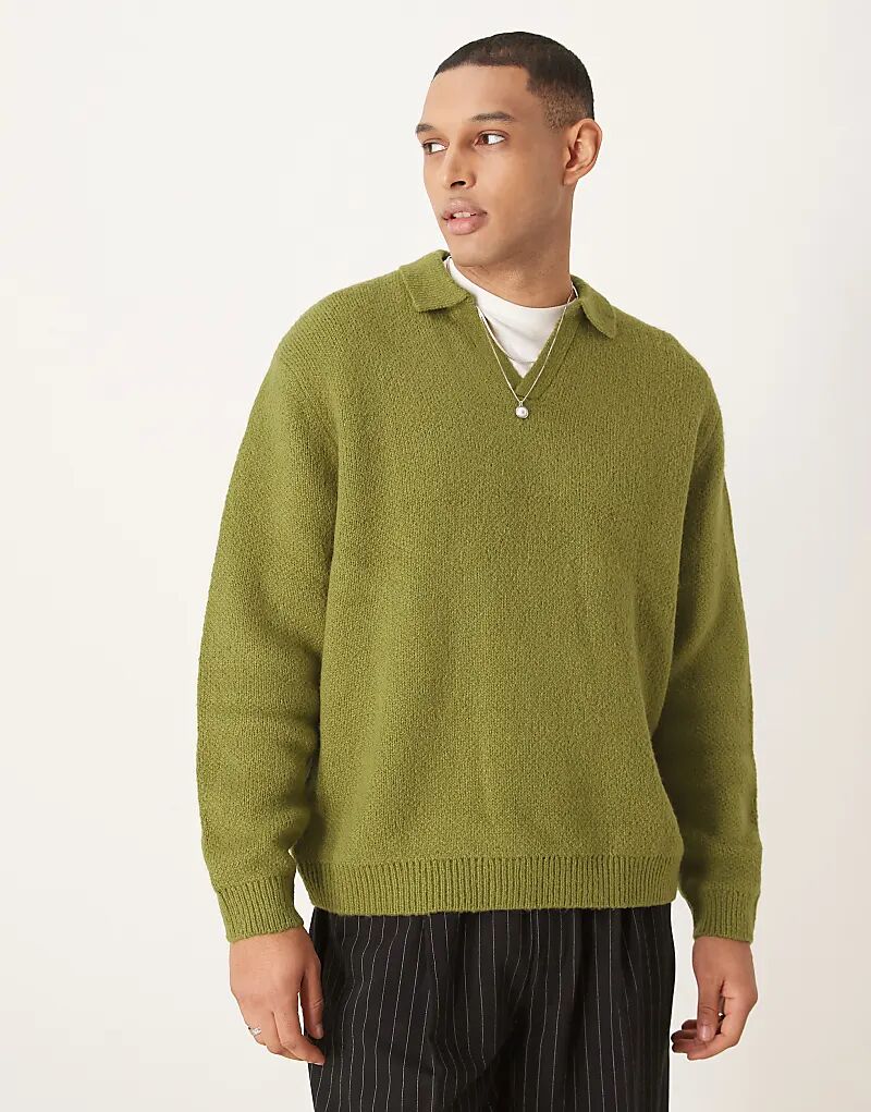 

Свободная трикотажная рубашка-поло цвета хаки с начесом ASOS DESIGN