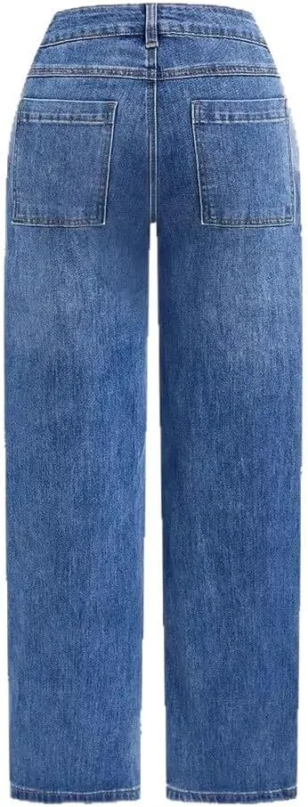 Женские джинсы Mid Waist прямого кроя, модные, тянущиеся, с накладными карманами, мешковатые, винтажные в стиле Y2K Generic, синий — фото 4