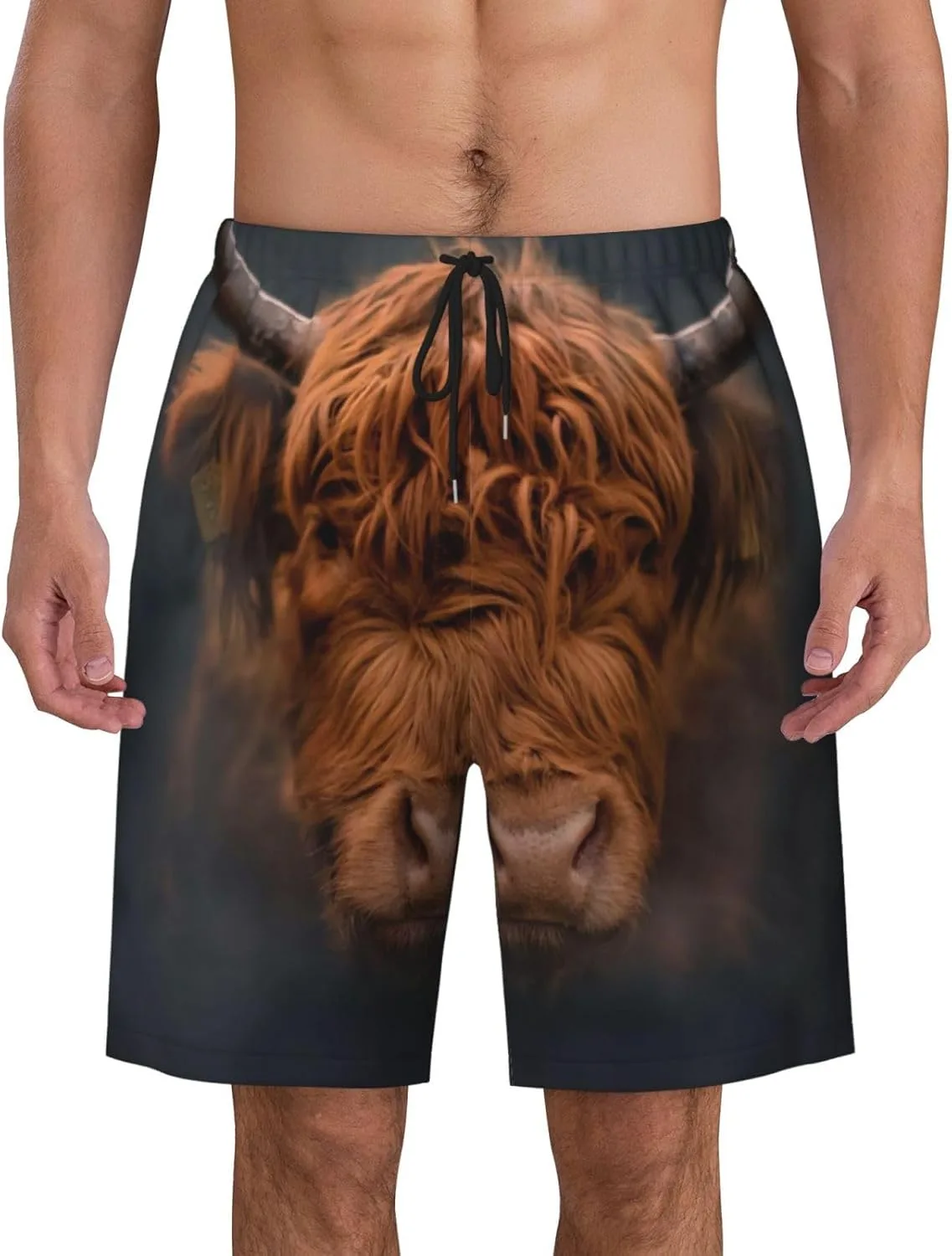 Мужские пляжные шорты Highland Cow, мужские плавки, пляжные шорты с карманами, купальники Generic, черный