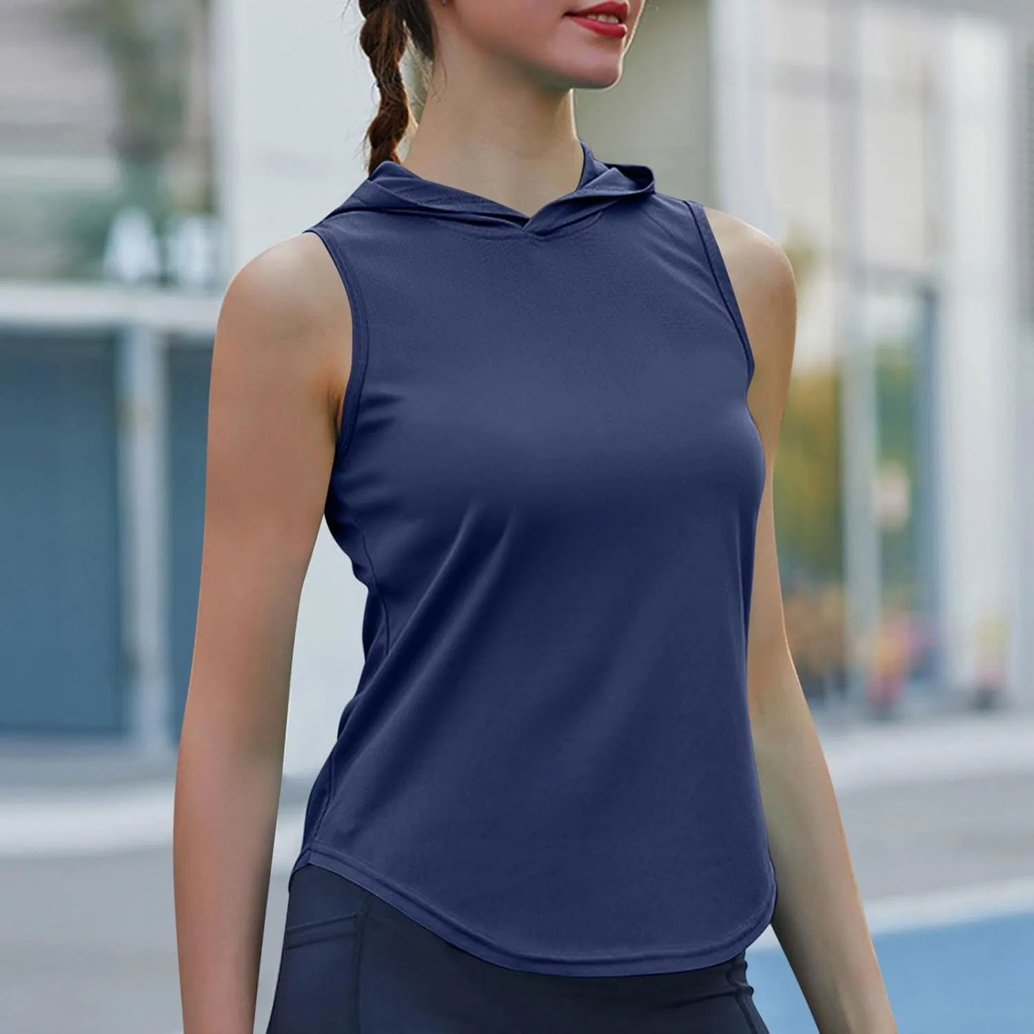 Женская майка-худи для йоги и фитнеса, Athletic Yoga Tank Tops, Navy — фото 3