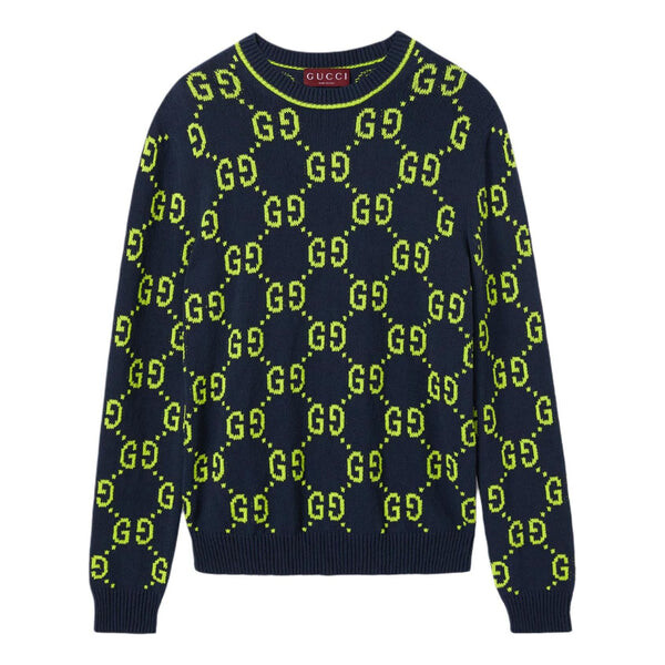 

Свитер gg cotton jacquard crewneck sweater 'navy lime green' Gucci, синий