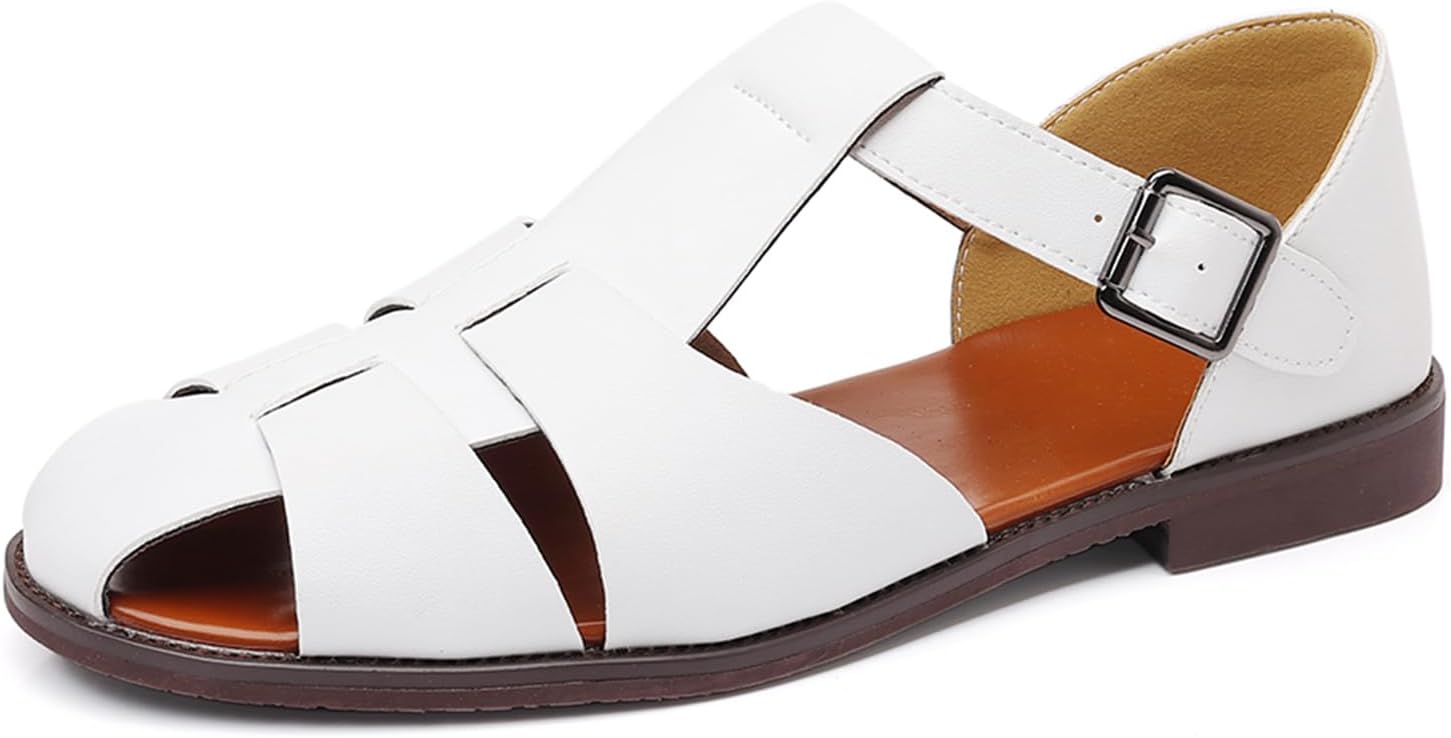 

Мужские закрытые сандалии с плоской подошвой типа «фишерман», легкие, с противоскользящей подошвой, регулируемые на липучке, кожаные сандалии для лова рыбы, для летнего пляжа, повседневной носки Eggdk, белый