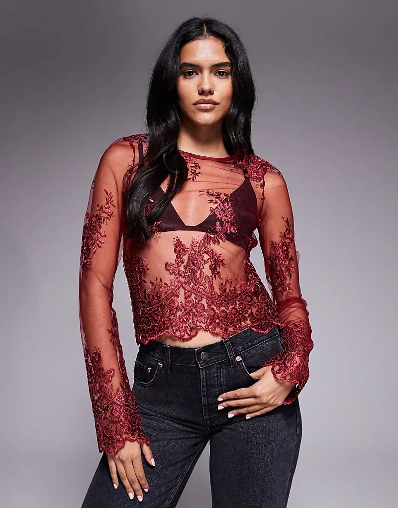 

Вышитый лонгслив с длинными рукавами и полупрозрачным фестончатым подолом от ASOS DESIGN бордового цвета