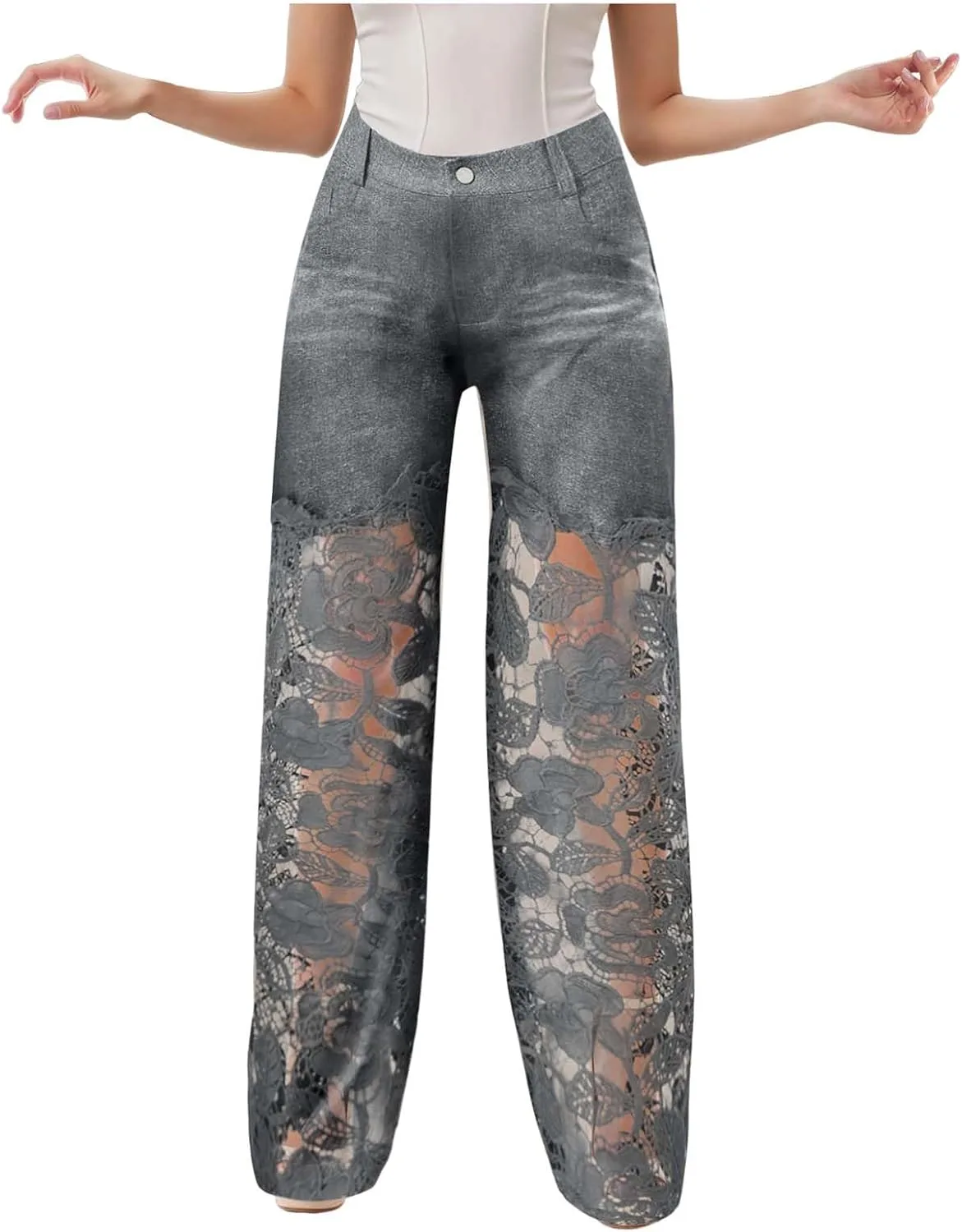 

Женские джинсы с кружевными вставками, High Waisted, Vintage, Wide Leg