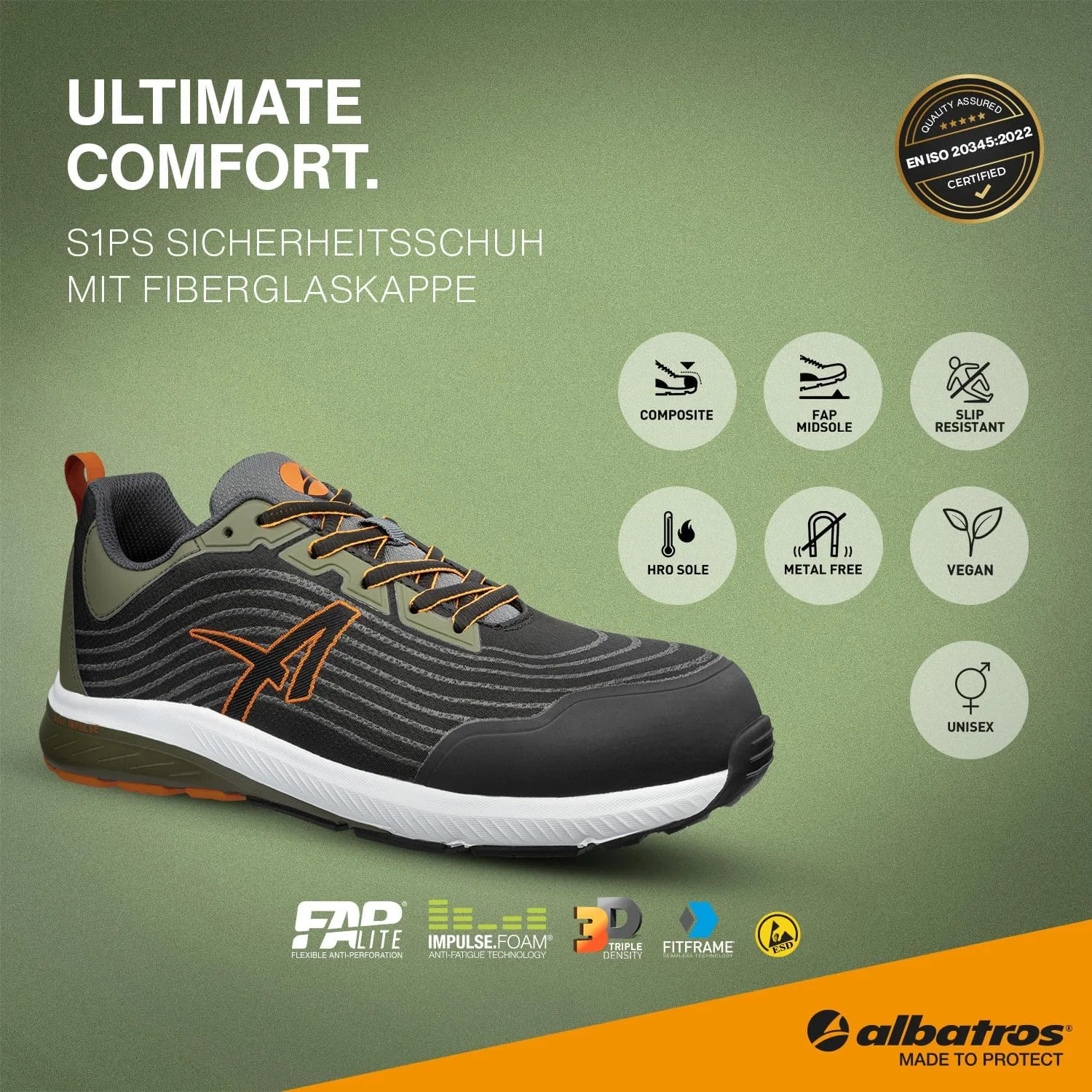 Защитные ботинки ALBATROS Wave Impulse Low Safety Shoes S1PS ESD Unisex с нескользящей подошвой, Black-Olive — фото 4