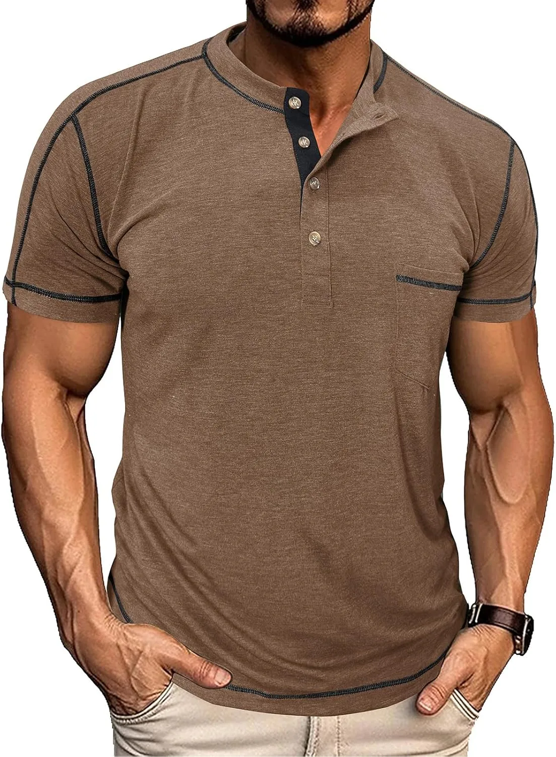 

Мужская футболка хенли с коротким рукавом и карманом YawYews