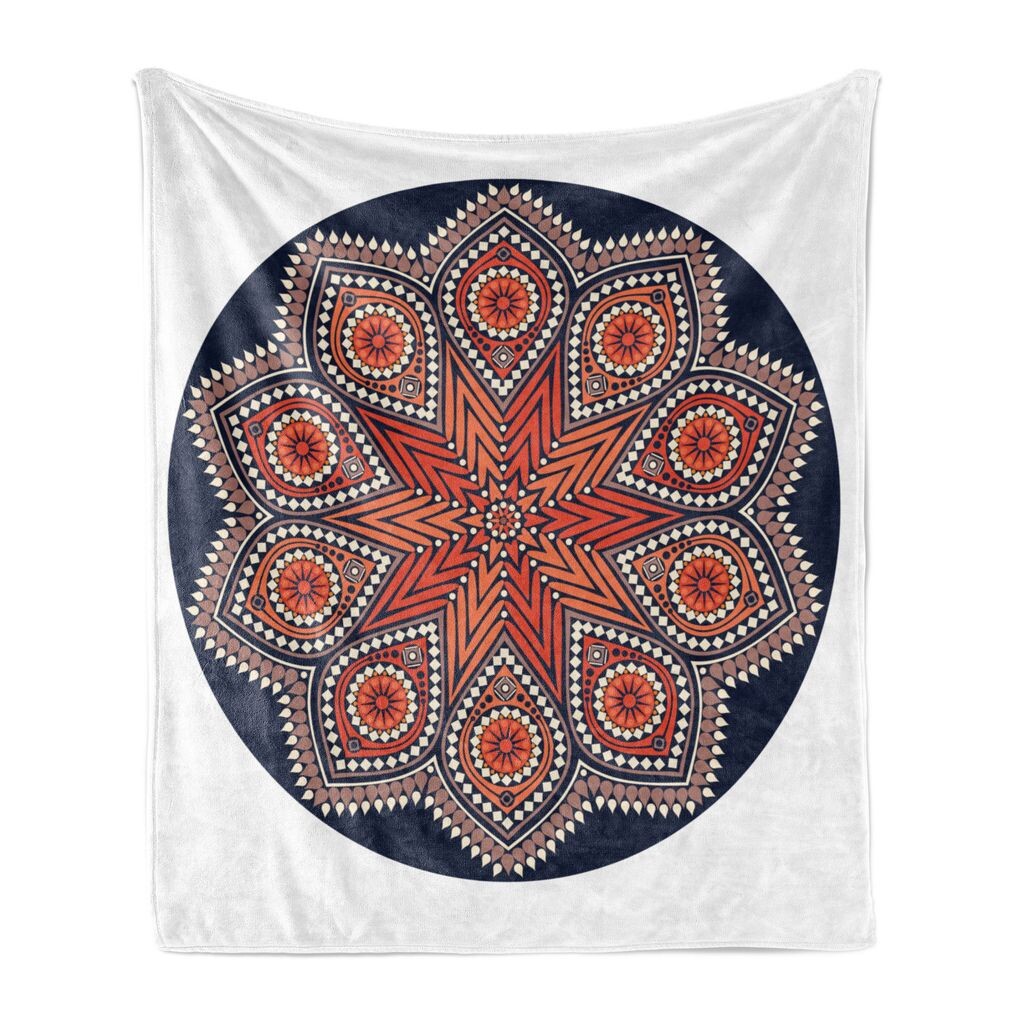 

ABAKUHAUS Mandala Мягкое фланелевое флисовое одеяло, декоративный восточный круглый кружевной мотив, мозаика в стиле бохо, чакра, 175 x 230 см, темно-синий, ржавый