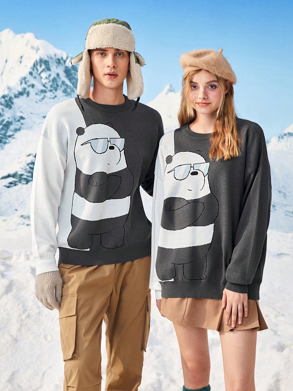

Свитер Shein с заниженными плечами и мультяшным узором, серый
