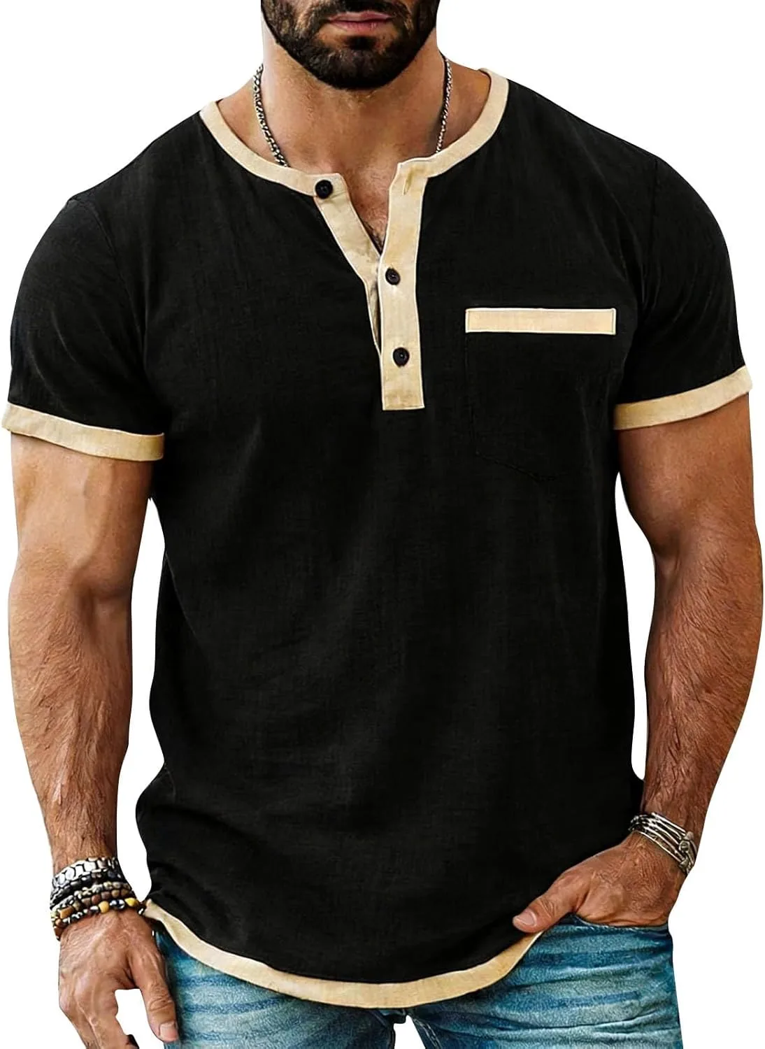 

Мужская футболка Henley с коротким рукавом и цветными блоками