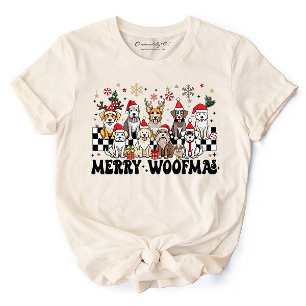 

Футболка Merry Woofmas с собаками в шапках Санты Ornamentallyyou, Natural