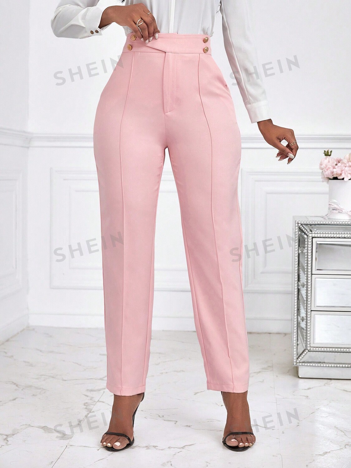

Брюки зауженные Shein Lady с завышенной талией, розовый