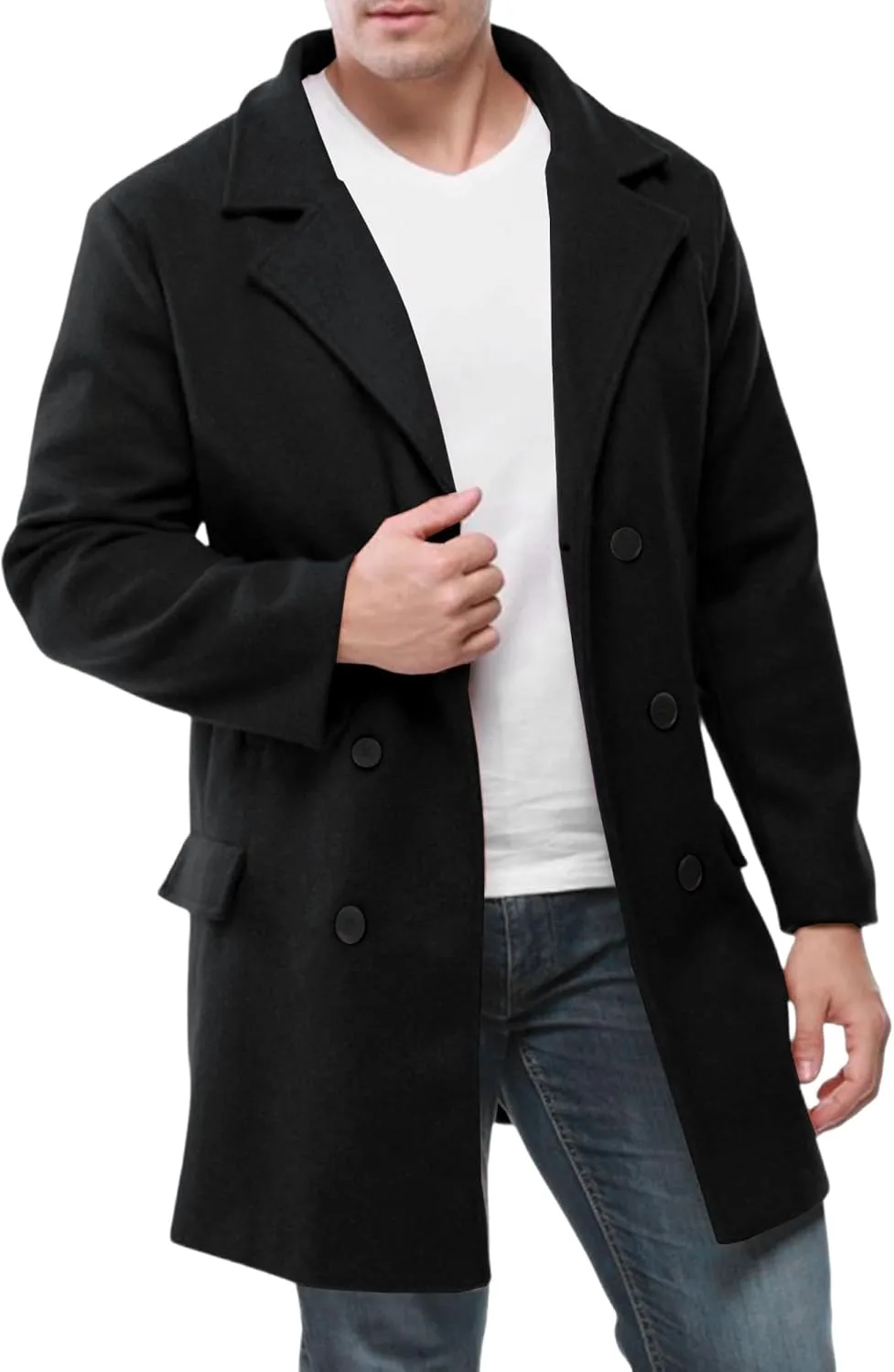 Пальто pea coat мужское приталенное двубортное длинное классическое зимнее пальто Generic, черный