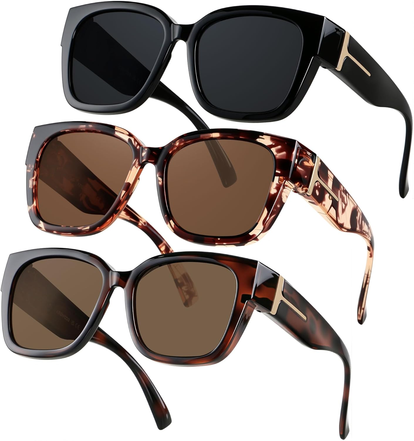 

Поляризованные солнцезащитные очки ANDWOOD, надеваемые поверх обычных очков, для женщин и мужчин, большие квадратные очки с защитой UV400, (3pack) Black + Pattern + Amber Tortoise