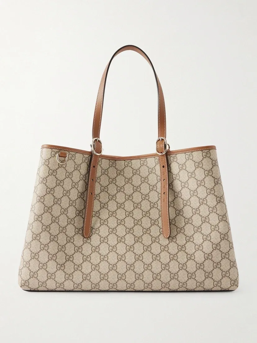 Сумка-тоут из принтованного канваса с покрытием с кожаной отделкой и эмблемой GG GUCCI, бежевый