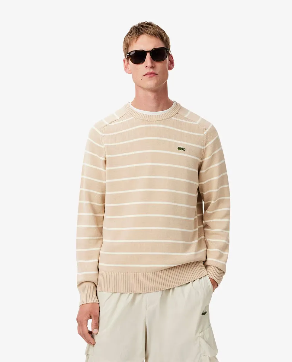 

Мужской хлопковый свитер с круглым вырезом и полосатым узором Lacoste, бежевый