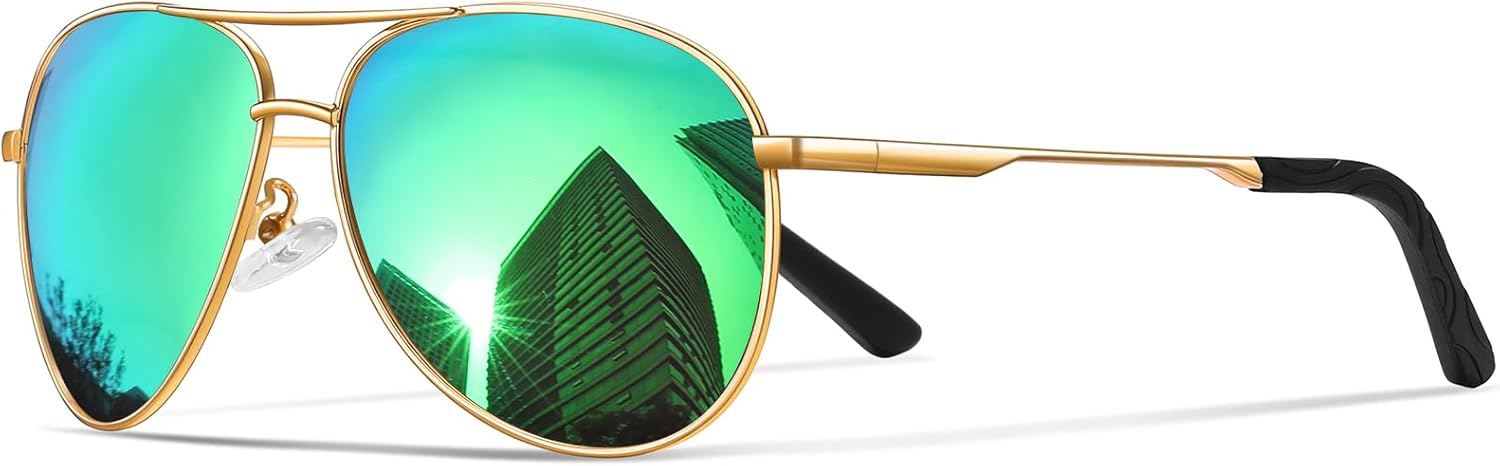 

Солнцезащитные очки для мужчин, поляризованные, авиаторские, для мужчин и женщин, для рыбалки, вождения, с металлической оправой и защитой от УФ-излучения UV400 phikttu, Gold Frame Green Mirrored Lens