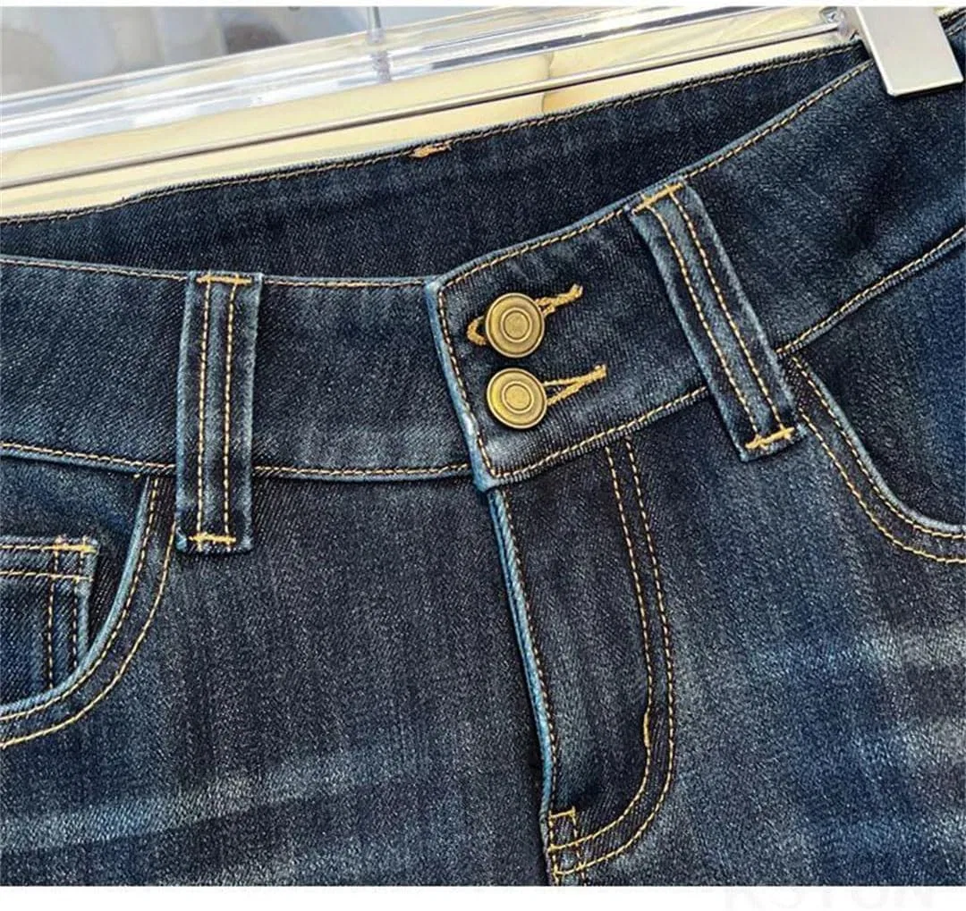 Джинсы клеш с начесом, Women's Warm Thickened Retro Pocket Low Waist Double Button Fleece Lined Flare Jeans, Height 157cm-162cm — фото 3