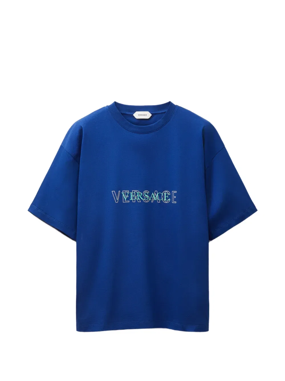 Обычная футболка из хлопкового трикотажа с вышитым логотипом Versace, синий