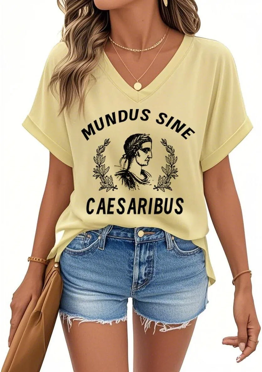 Футболка Mundus Sine Caesaribus, унисекс, с V-образным вырезом, "Мир без Цезарей" — фото 2