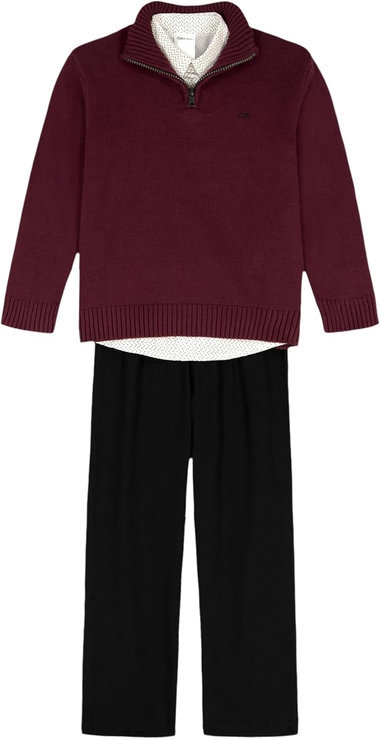 

Комплект из 3 свитеров Calvin Klein для мальчиков с рубашкой на пуговицах и брюками в тон, Burgundy Solid