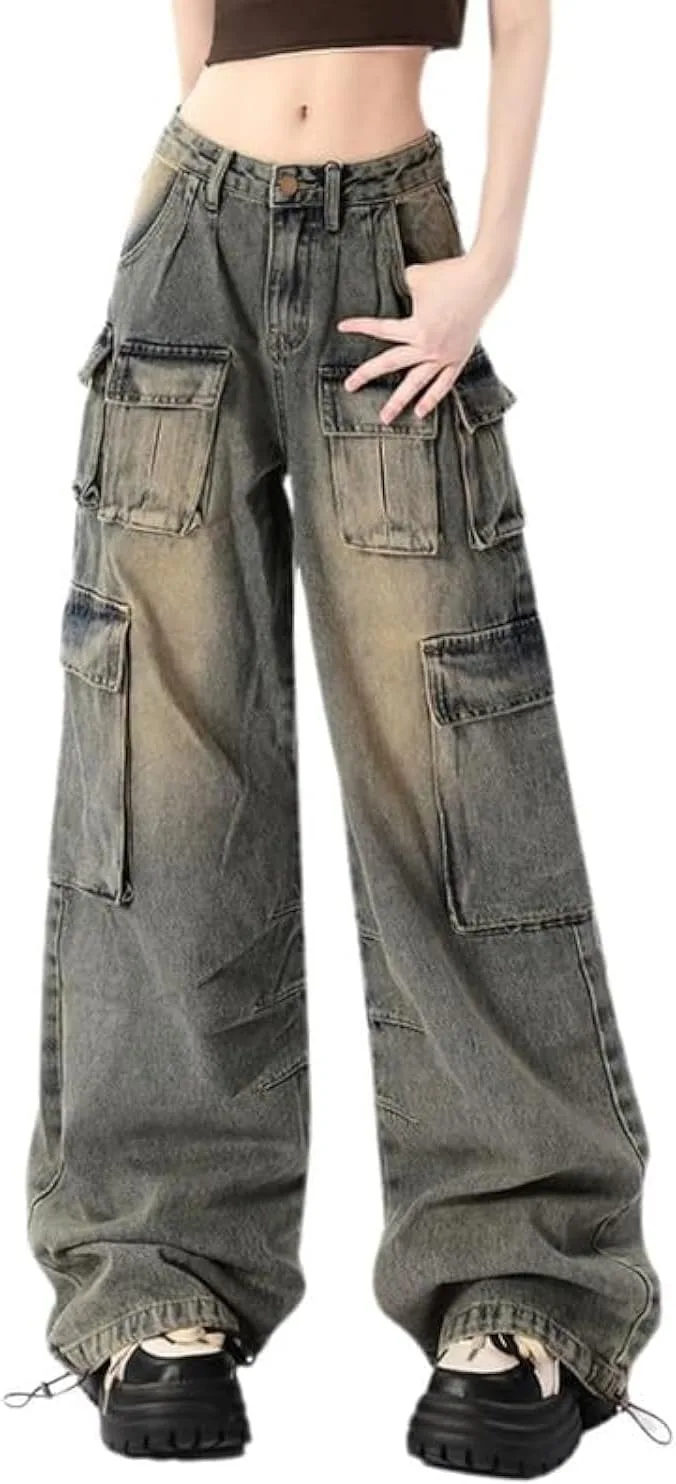 

Багги карго джинсы для женщин, широкие, низкая посадка, синие Hugboom