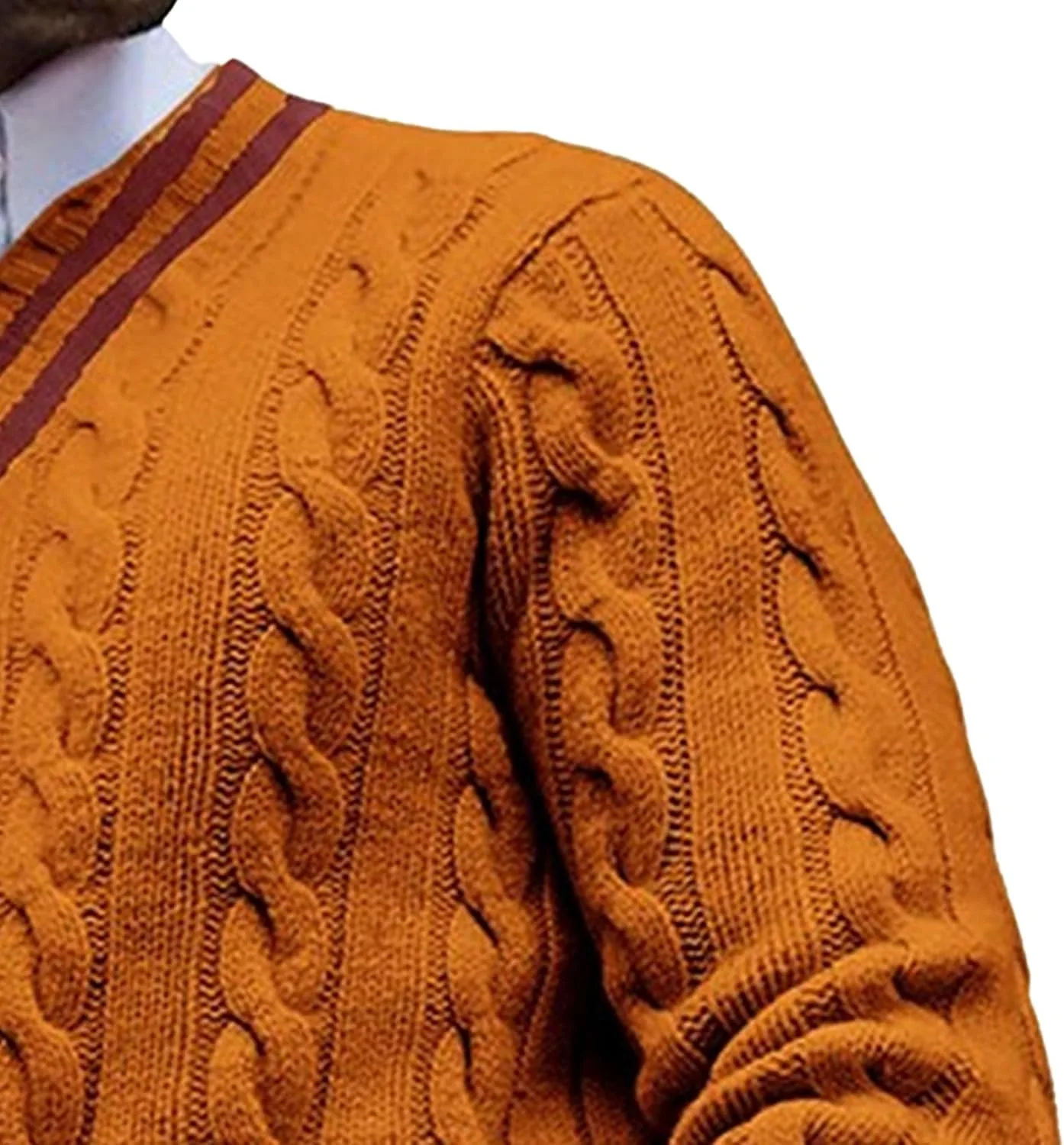 Мужской свитер с V-образным вырезом, рифленый, кабельная вязка, slim fit — фото 4