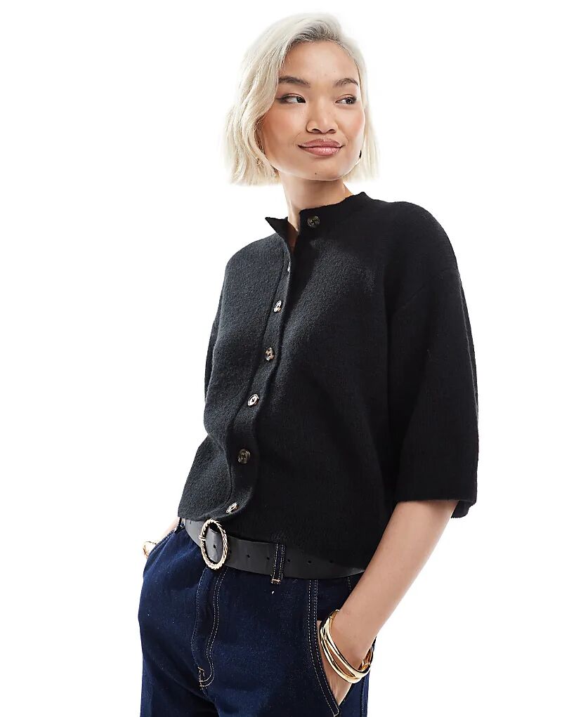 

Трикотажный кардиган ASOS DESIGN с короткими рукавами в рубчик черного цвета