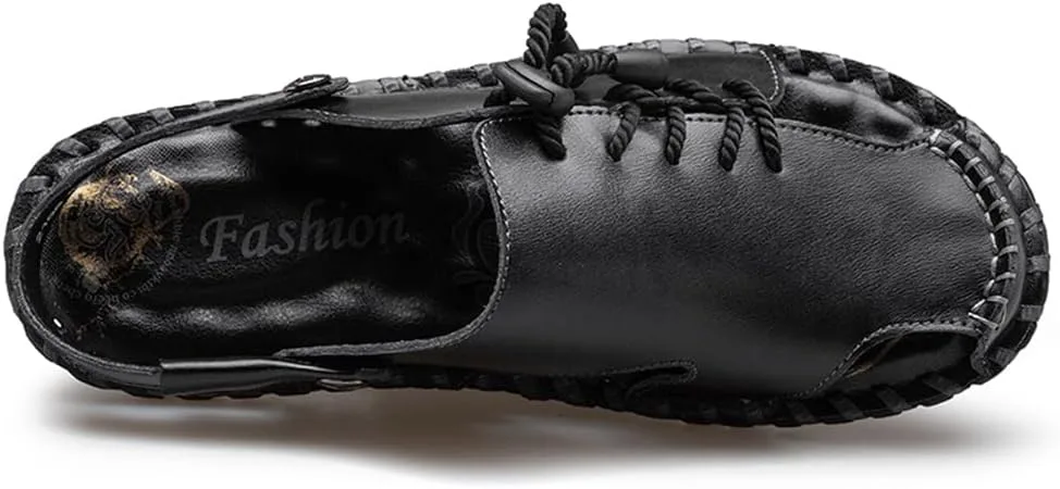 Men's Summer Handmade Leather Сандалии Casual Closed Toe Beach Fisherman Shoes Outdoor Sports Сандалии Abborora, черный — фото 4
