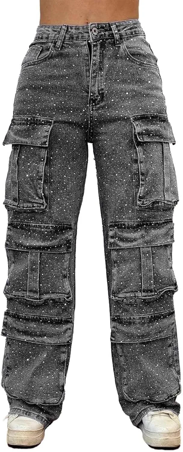 

Женские джинсы с пайетками High Waisted, прямой крой, широкие