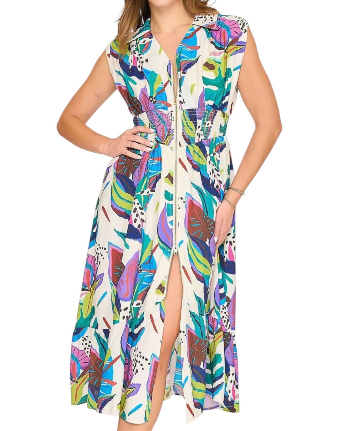 

Зеленое миди-платье с воротником и принтом листьев Style USA