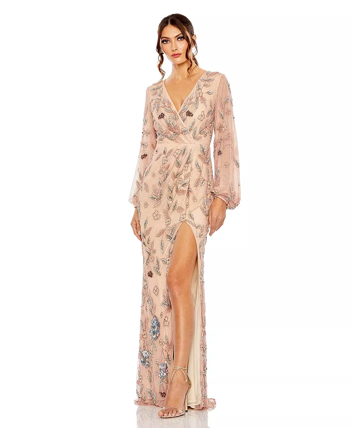 

Женское платье с длинными рукавами, цветочным принтом, V-образным вырезом и разрезом Mac Duggal, розовый