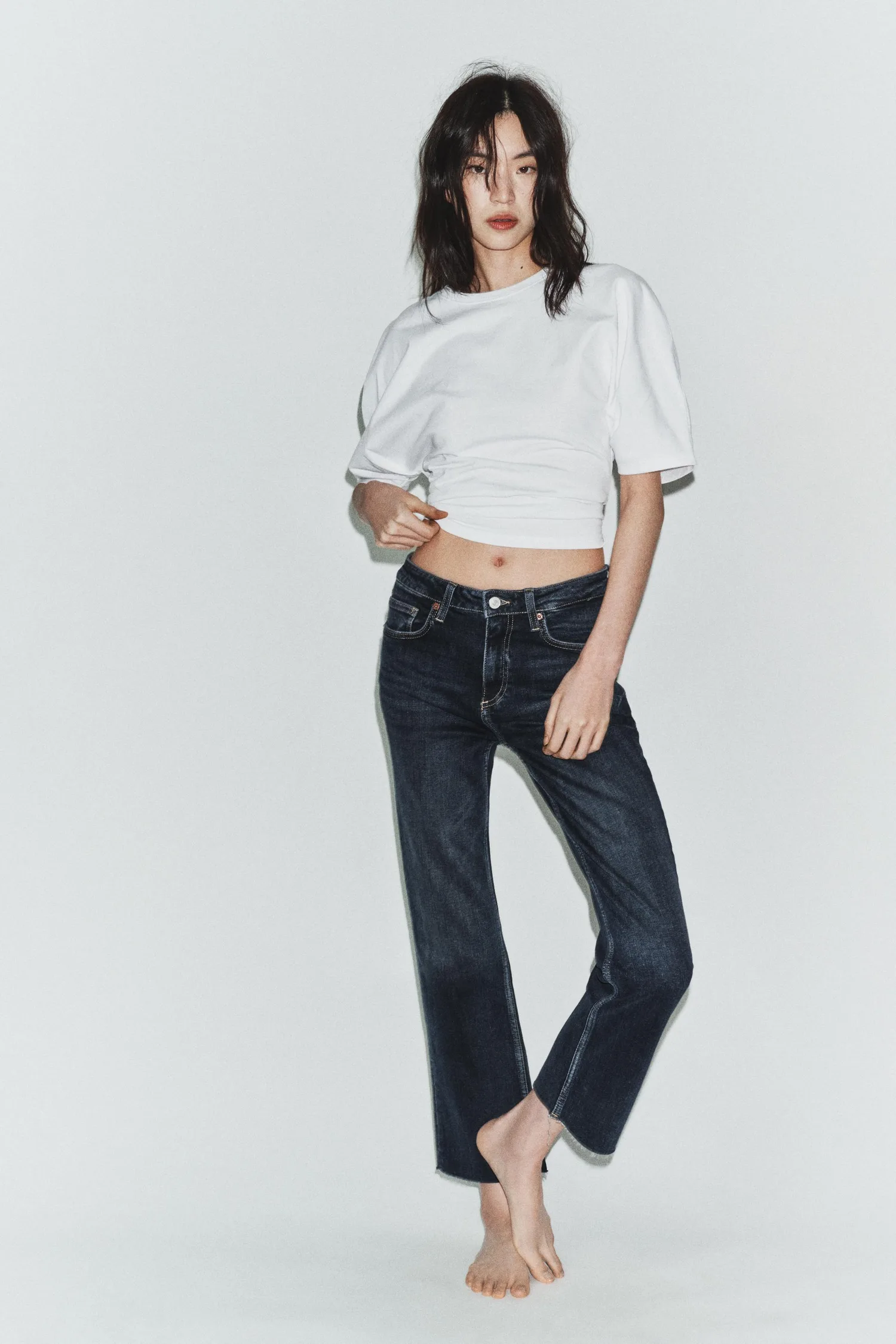 Укороченные джинсы-клеш с высокой талией trf Zara, темно-синий