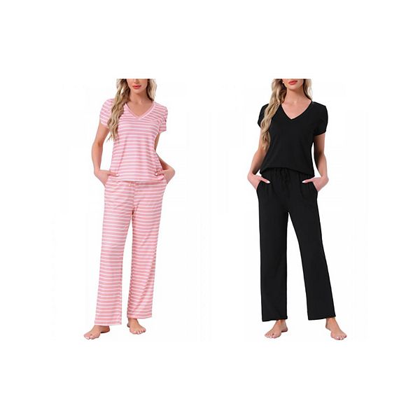 

2 комплекта женской пижамы с V-образным вырезом, коротким рукавом и брюками на шнурке Inspire Chic, Black Pink Striped