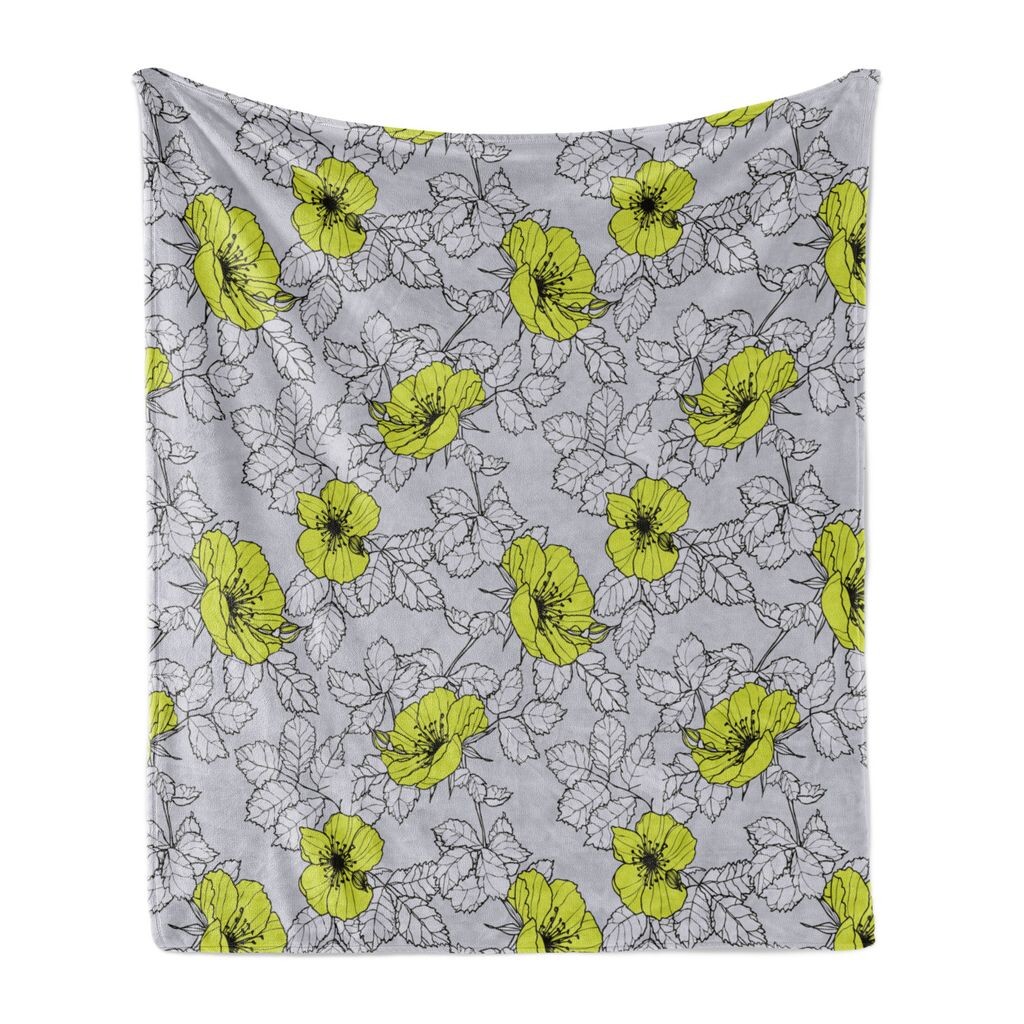 

Мягкое фланелевое флисовое одеяло ABAKUHAUS Flowers, маки и листья серого цвета, уютный плюш для использования в помещении и на открытом воздухе, 125 x 175 см, бледно-серо-коричневый и желто-зеленый, черный