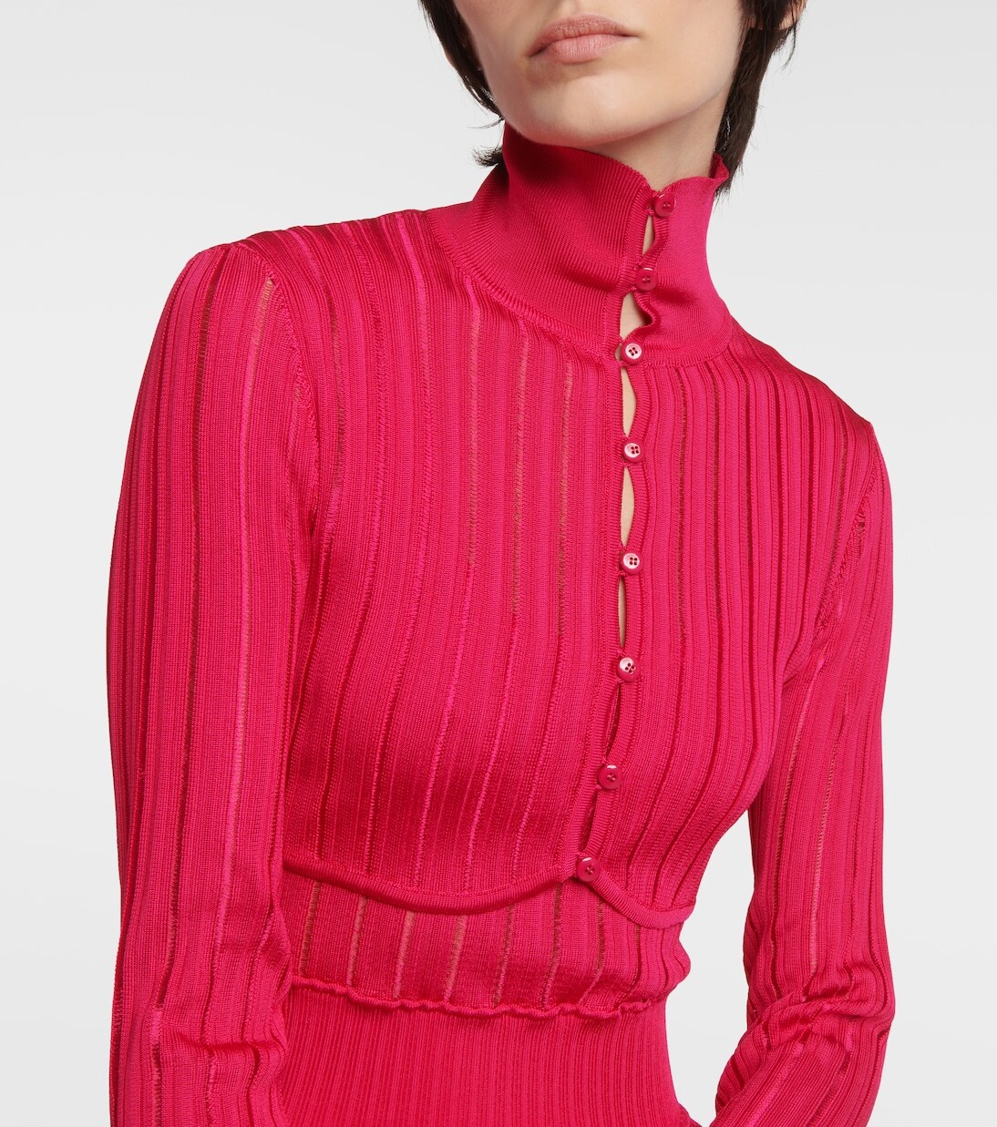 Укороченный кардиган с кринолиновым воротником Alaïa, розовый — фото 4
