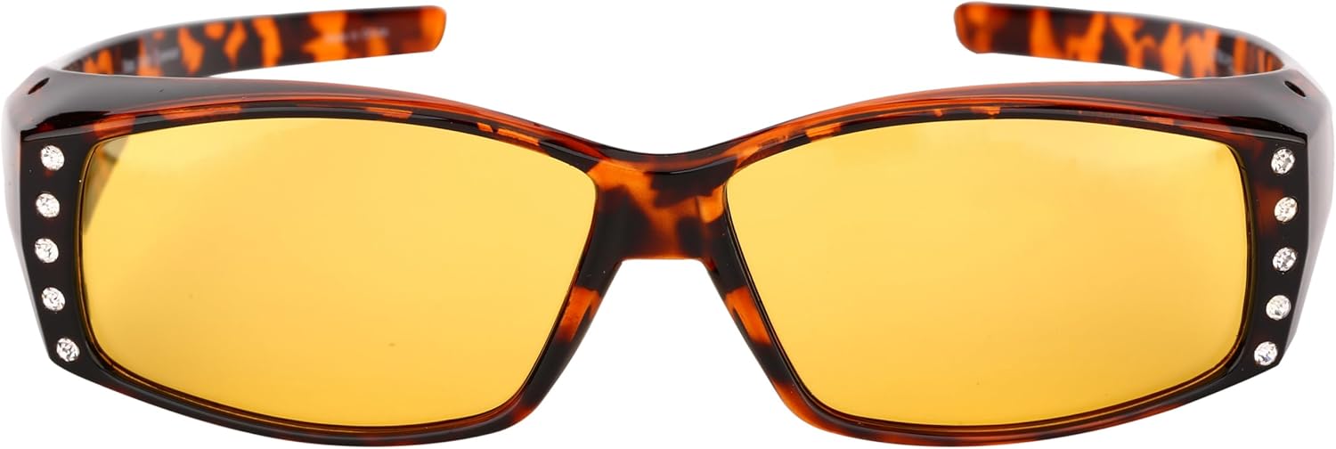 

Легкие поляризованные солнцезащитные очки для женщин — надеваются поверх очков с диоптриями, имеют линзы для вождения в темное время суток и украшены стразами Mass Vision, Tortoise