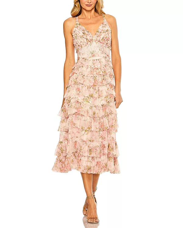 

Платье миди без рукавов с V-образным вырезом и цветочным принтом из сетчатой ткани с оборками Mac Duggal, розовый