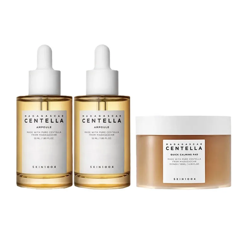 SKIN1004 Набор для ухода за кожей с сывороткой Centella Asiatica и ватными дисками для увлажнения и восстановления, Three-Piece Set: Serums 55ml*2+Cotton Pads 70 Pcs/Box