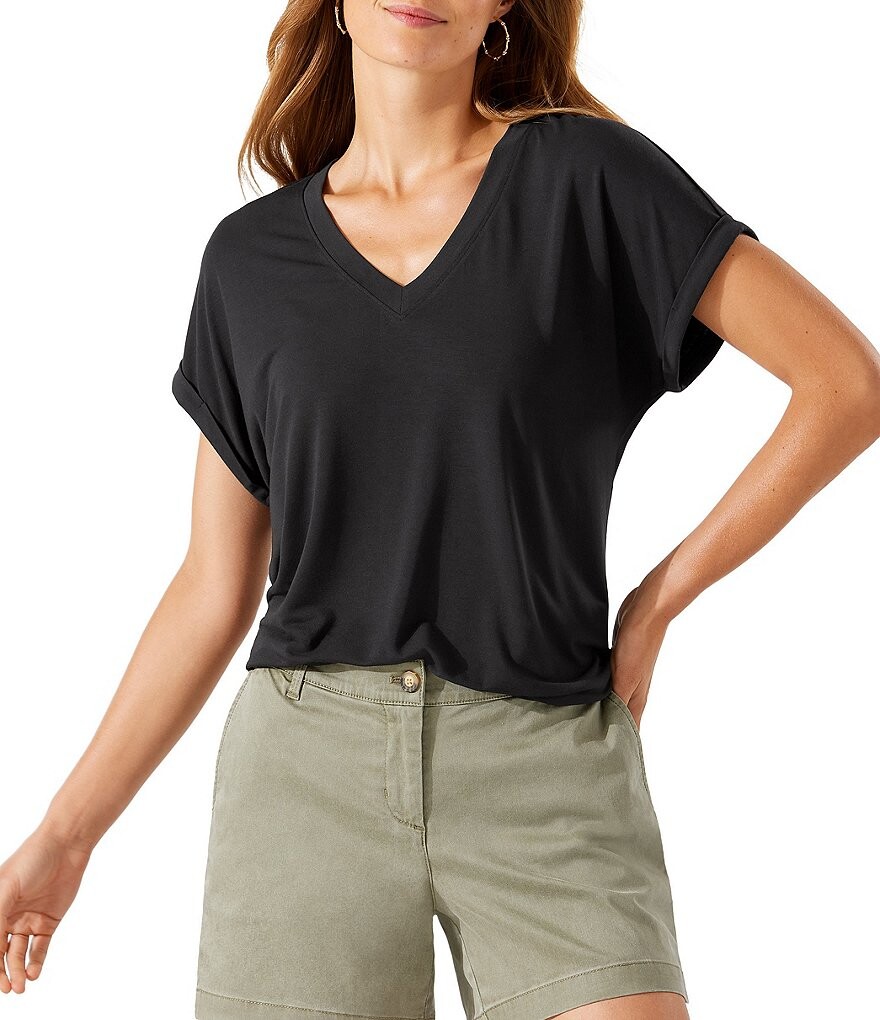 

Tommy Bahama Kauai Мягкая трикотажная футболка стрейч с v-образным вырезом и короткими рукавами, черный