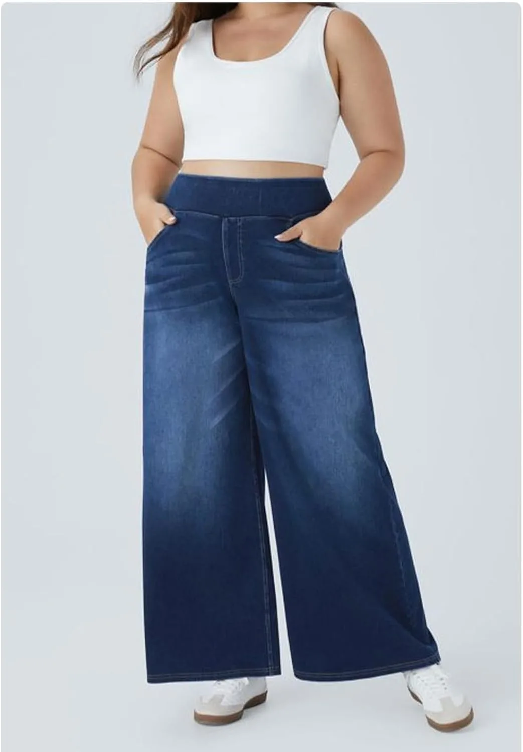 Женские джинсы plus size с высокой талией, свободные, с карманами — фото 2