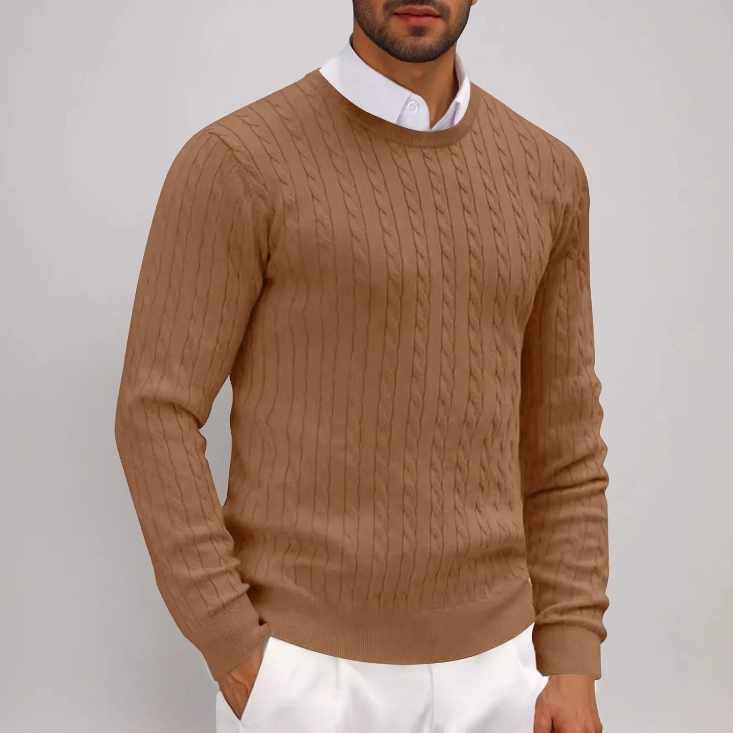 Мужской свитер с круглым вырезом Basic Slim Fit легкий вязаный пуловер — фото 2