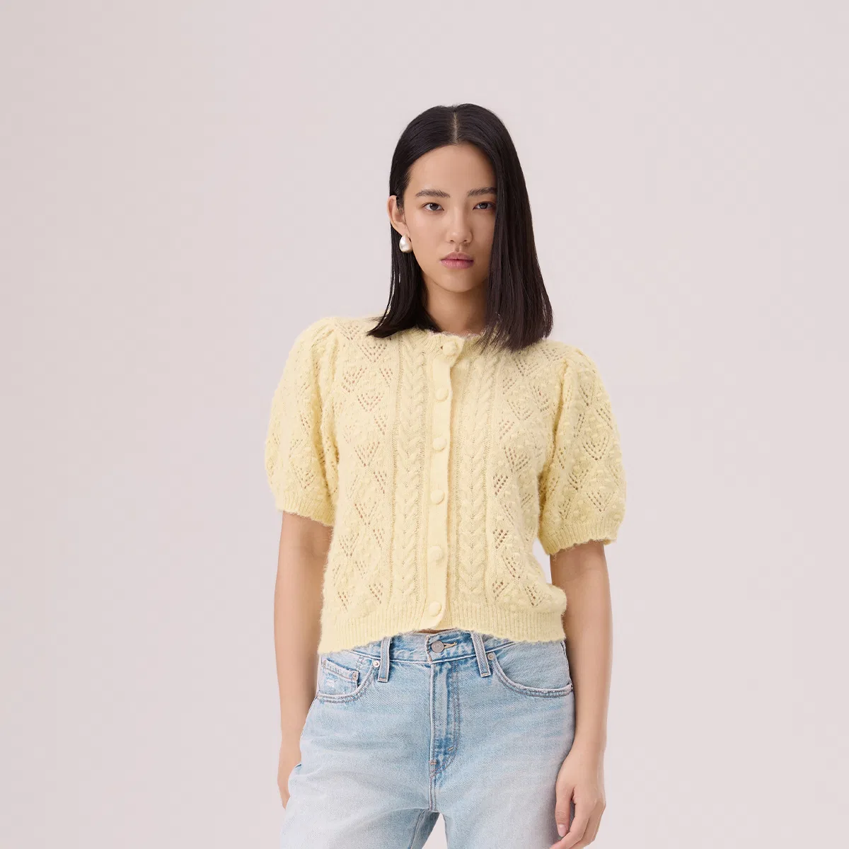 Кардиган женский тонкий с круглым вырезом, желтый, трикотажный Levis, Yellow — фото 4