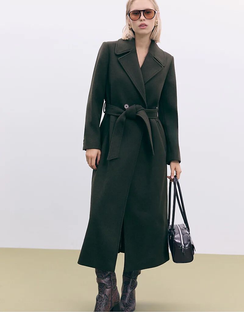 

Длинное пальто Stradivarius с поясом цвета хаки