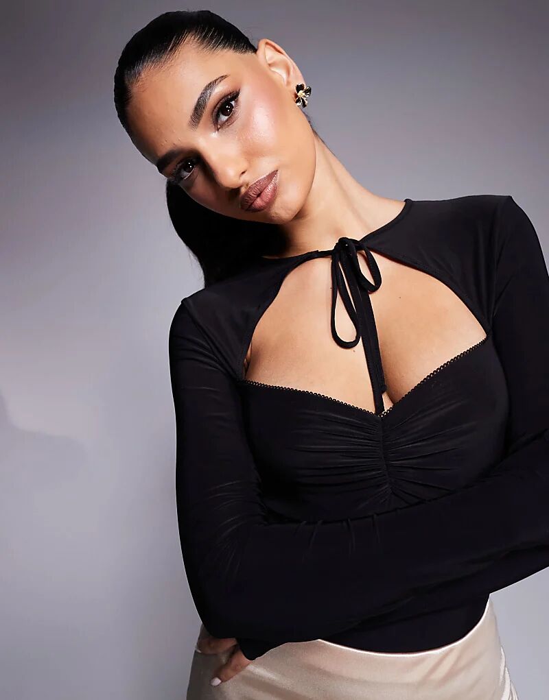 

Облегающий боди ASOS DESIGN с длинными рукавами и завязкой, черный цвет