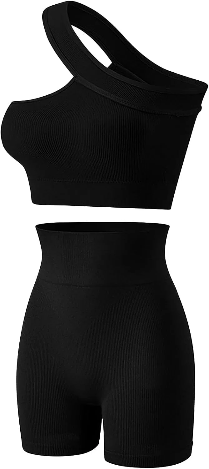 Спортивный комплект: топ с одним рукавом и шорты с высокой талией, Generic, Black — фото 3