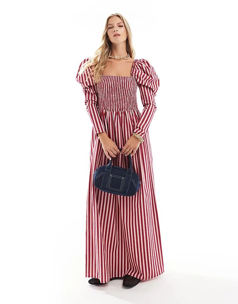 

Поплиновое присборенное платье мидакси в розовую полоску ASOS DESIGN